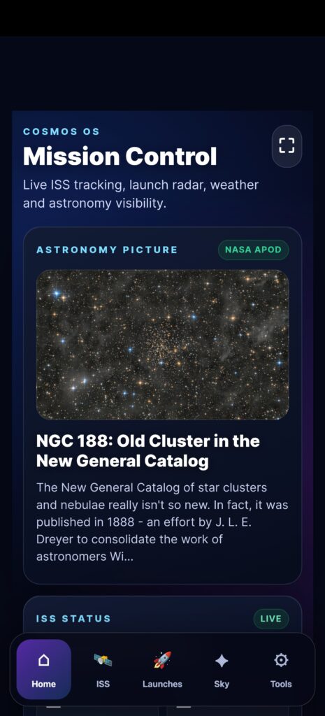 Mobile-first Cosmos Dashboard interface showing real-time ISS tracking, launch radar and astronomy visibility tools