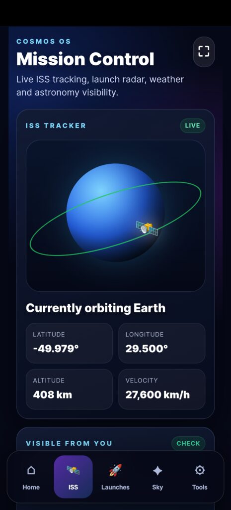 Mobile-first Cosmos Dashboard interface showing real-time ISS tracking, launch radar and astronomy visibility tools