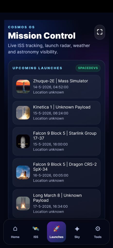 Mobile-first Cosmos Dashboard interface showing real-time ISS tracking, launch radar and astronomy visibility tools