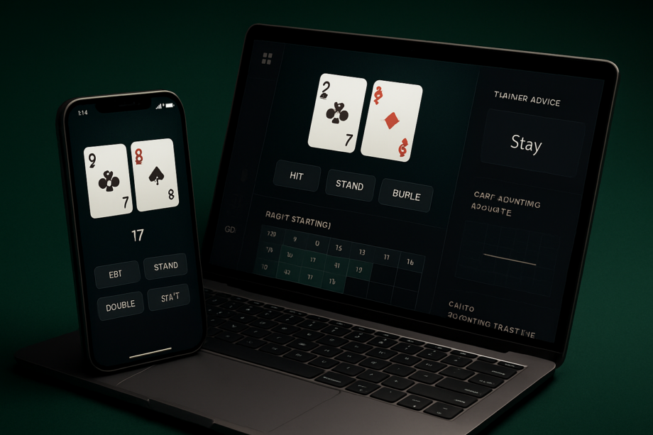 Blackjack trainer app showing real cards basic strategy advice and hit stand double split decision grid