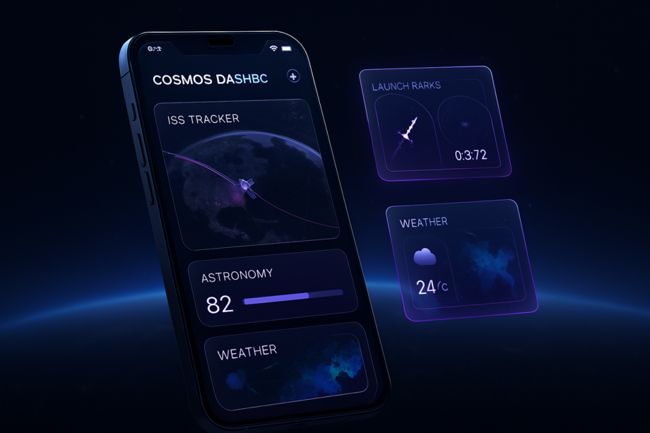 Mobile-first Cosmos Dashboard interface showing real-time ISS tracking, launch radar and astronomy visibility tools