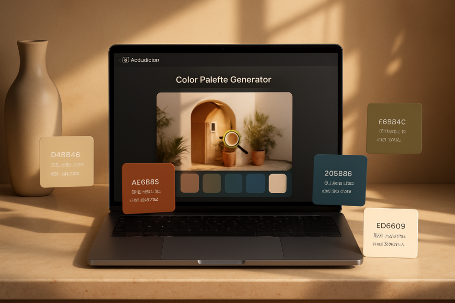 Luxury color palette generator web app extracting HEX RGB and HSL colors from uploaded photography with pixel color picker functionality